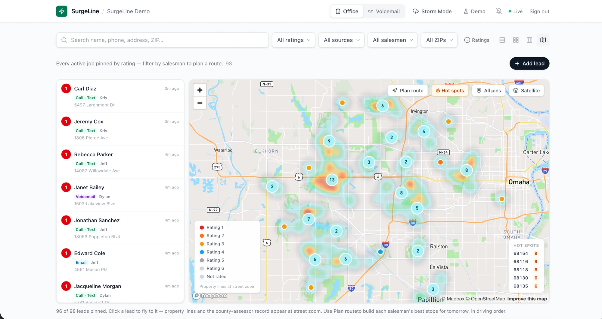 The SurgeLine board: a ranked list of leads, each tagged with the channel it came in on (call, text, voicemail, email), pinned on a live map of Omaha with hot spots grouped by ZIP.